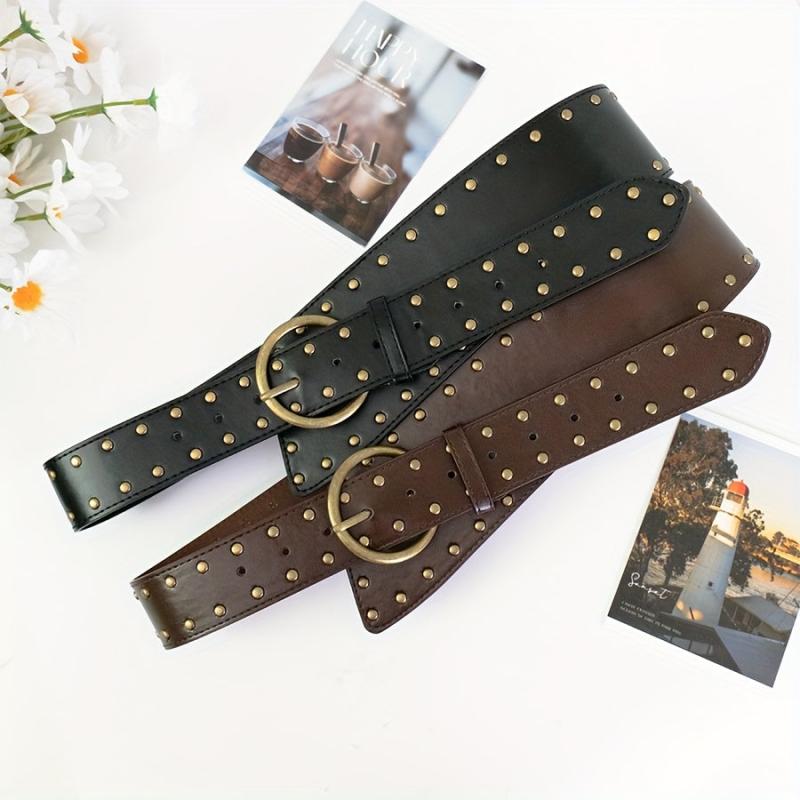Vintage Brown Faux Leather Belt with Studs Wide Retro Style