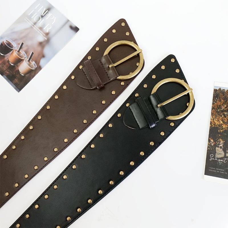Vintage Brown Faux Leather Belt with Studs Wide Retro Style