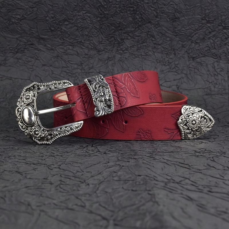 Women's BOHO Belt Western Cowboy Carved Buckle Red PU Belt