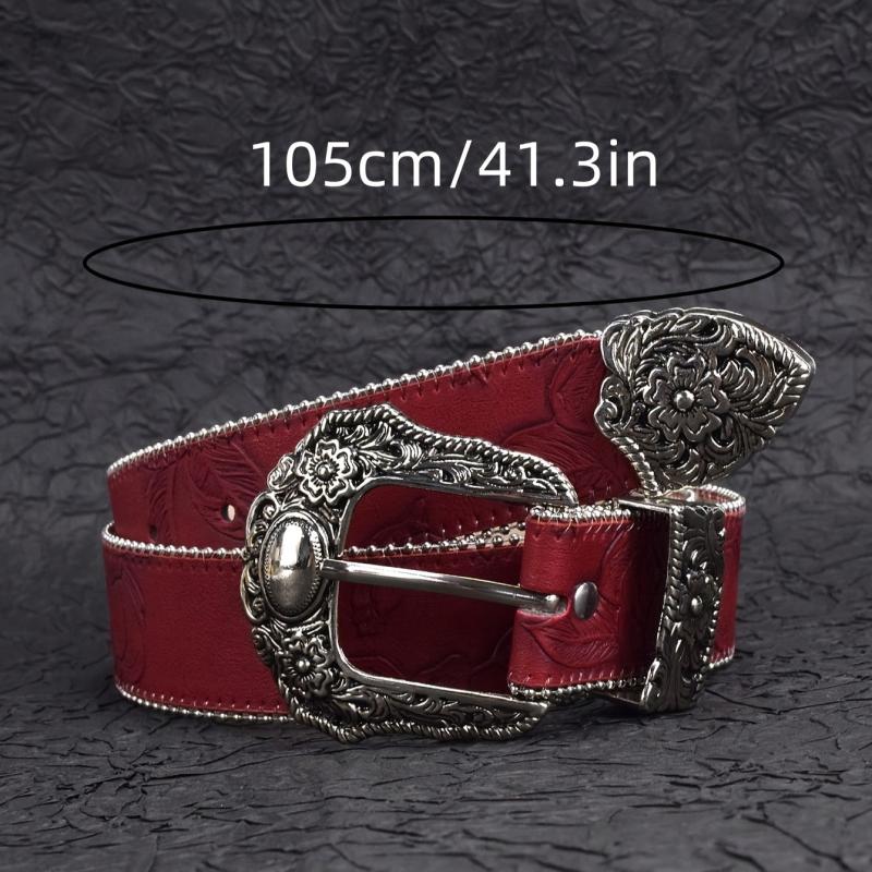 Women's BOHO Belt Western Cowboy Carved Buckle Red PU Belt