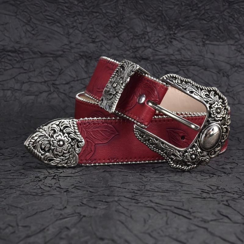 Women's BOHO Belt Western Cowboy Carved Buckle Red PU Belt