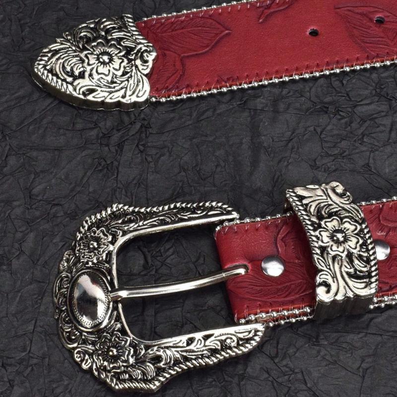 Women's BOHO Belt Western Cowboy Carved Buckle Red PU Belt