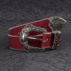 Women's BOHO Belt Western Cowboy Carved Buckle Red PU Belt
