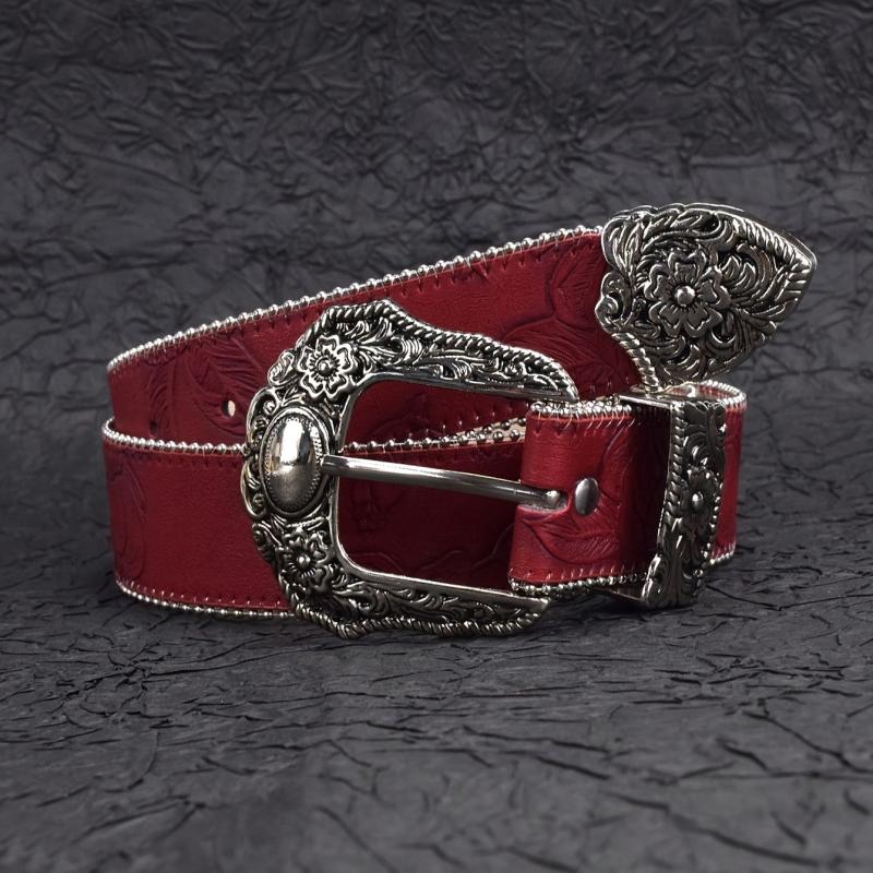 Women's BOHO Belt Western Cowboy Carved Buckle Red PU Belt