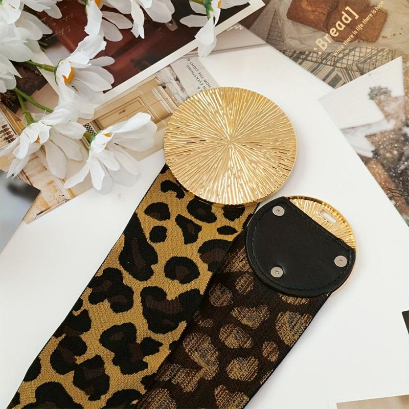 Vintage Elastic Waist Belt Leopard Print Golden Buckle Casual Attire Support