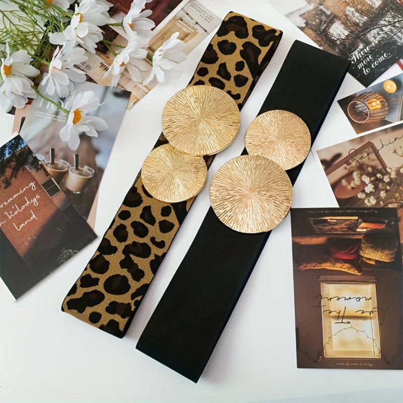 Vintage Elastic Waist Belt Leopard Print Golden Buckle Casual Attire Support