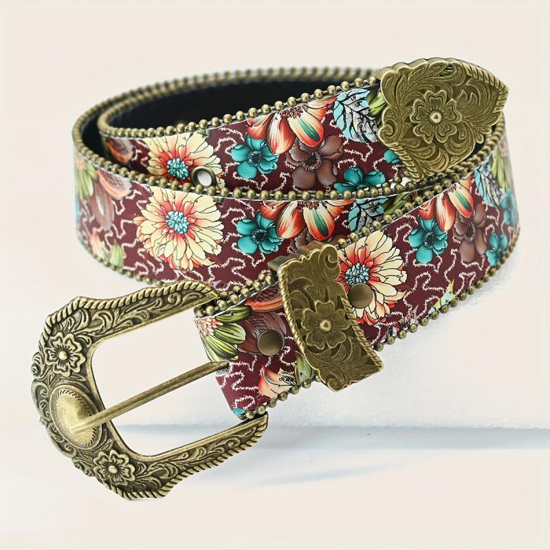 Floral Belt Burgundy Teal Pattern Bronze Bead Embellishments