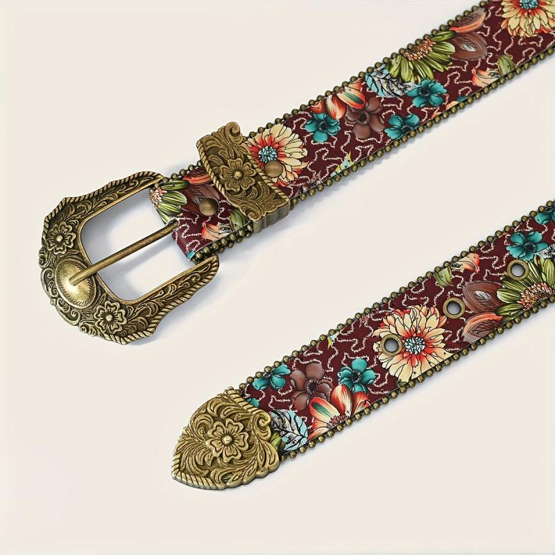 Floral Belt Burgundy Teal Pattern Bronze Bead Embellishments
