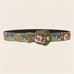 Floral Belt Burgundy Teal Pattern Bronze Bead Embellishments