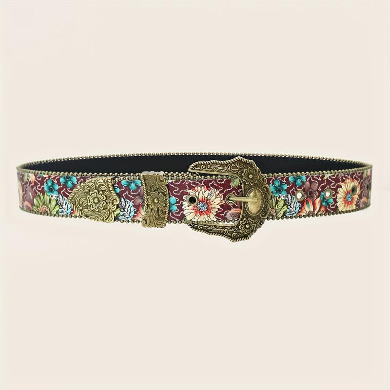 Floral Belt Burgundy Teal Pattern Bronze Bead Embellishments