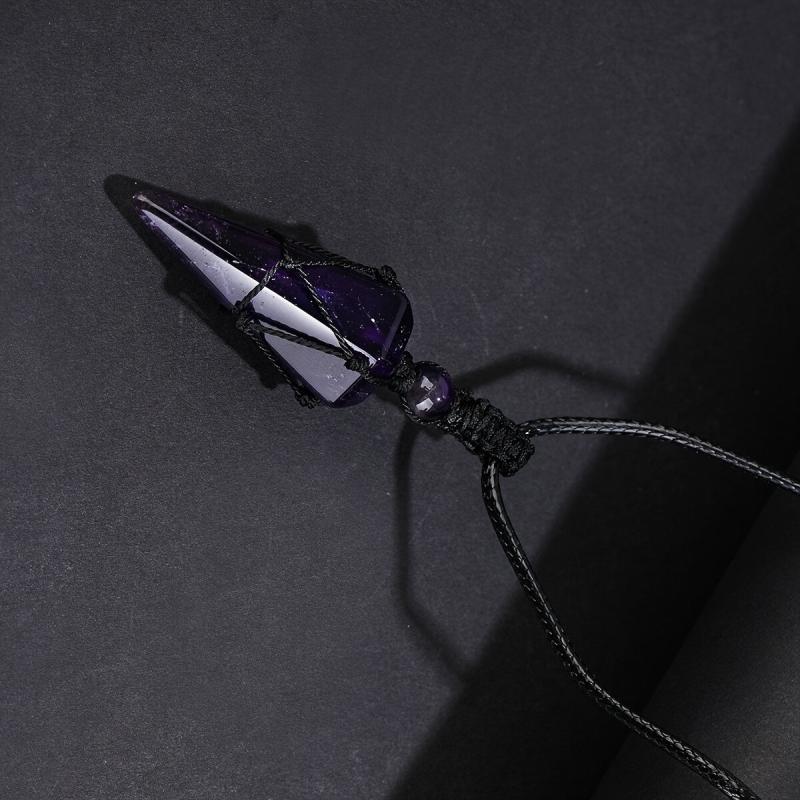 Crystal Amethyst Cone Pendant Necklace with Braided Rope