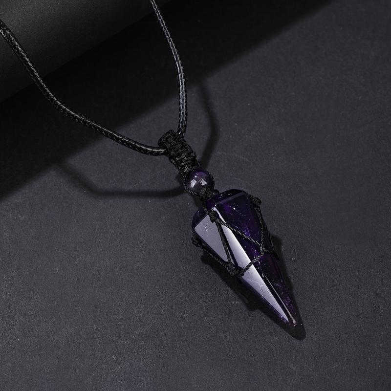 Crystal Amethyst Cone Pendant Necklace with Braided Rope