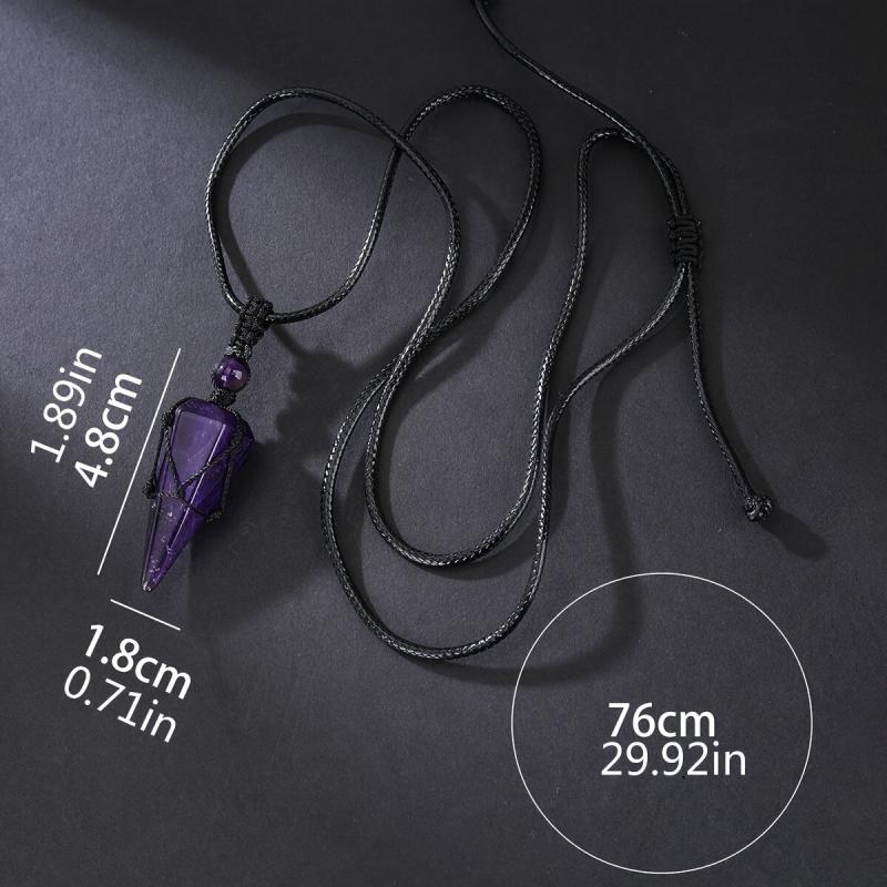 Crystal Amethyst Cone Pendant Necklace with Braided Rope