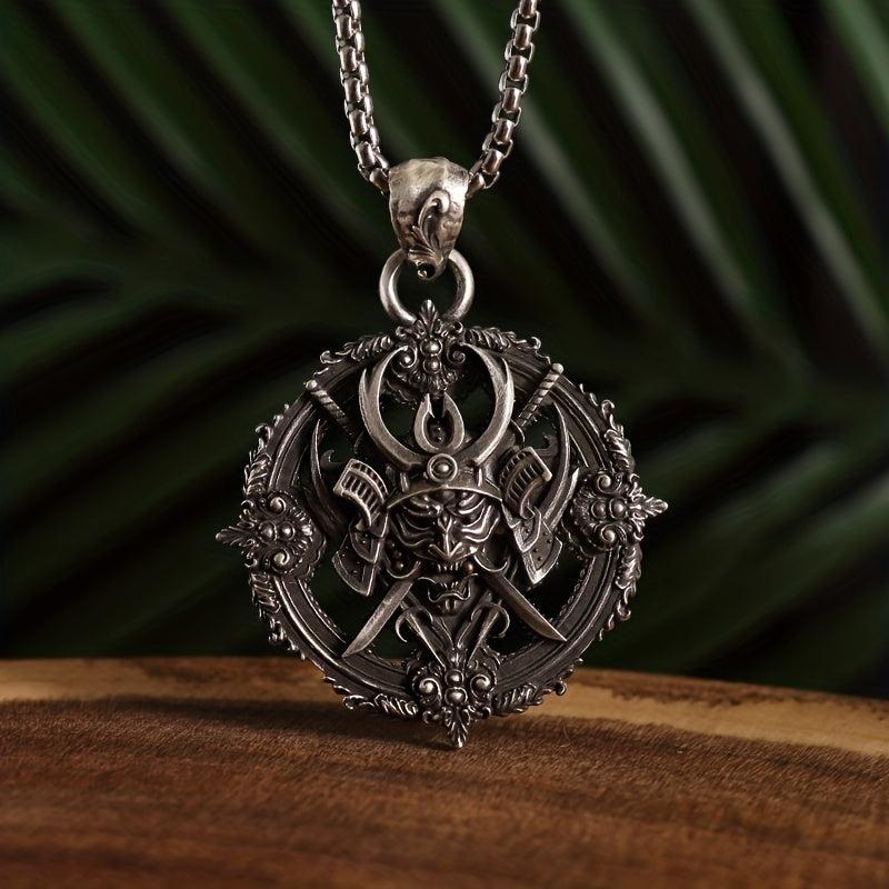 Retro Compass Samurai Head Demon Samurai Pendant Necklace