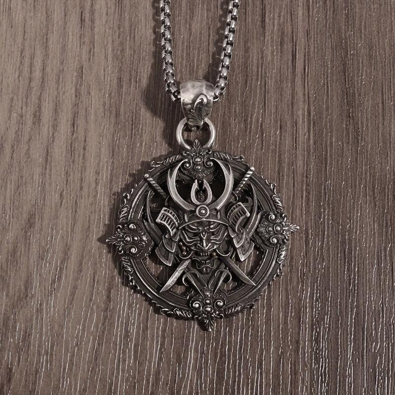 Retro Compass Samurai Head Demon Samurai Pendant Necklace