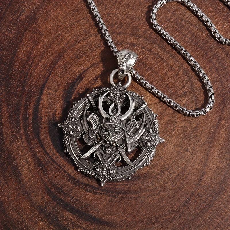 Retro Compass Samurai Head Demon Samurai Pendant Necklace