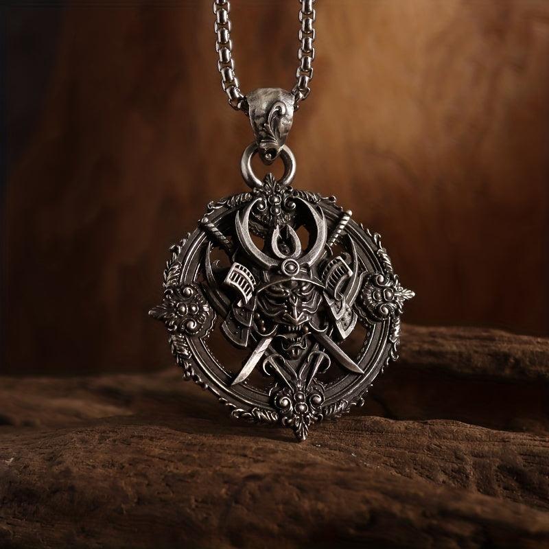 Retro Compass Samurai Head Demon Samurai Pendant Necklace