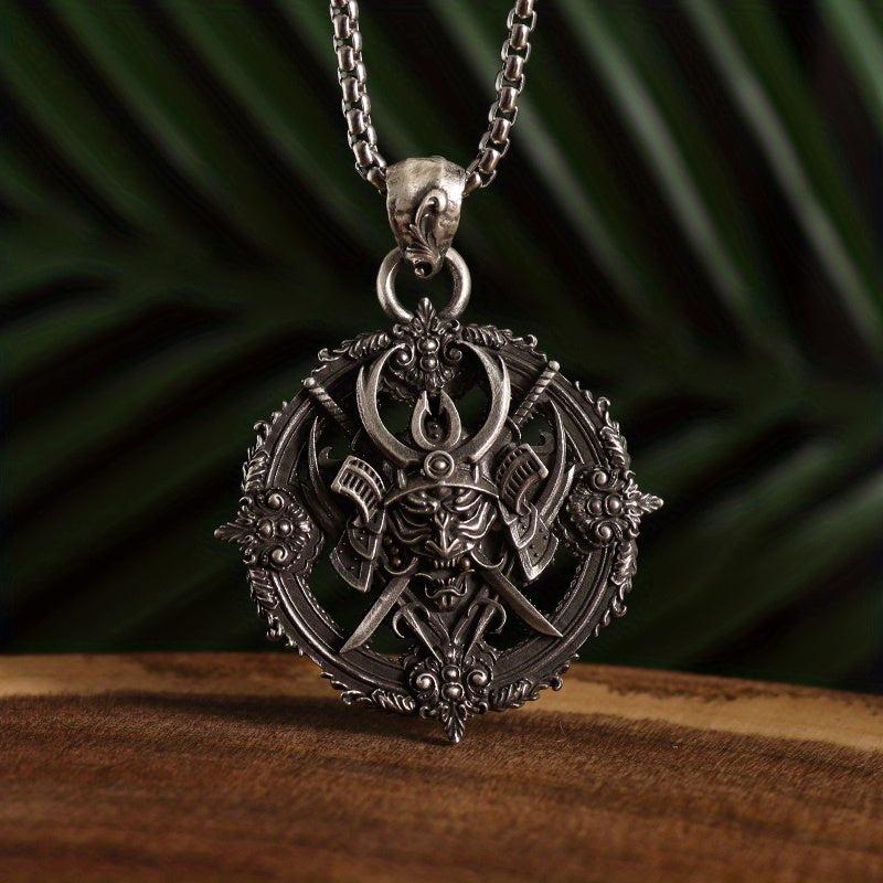Retro Compass Samurai Head Demon Samurai Pendant Necklace