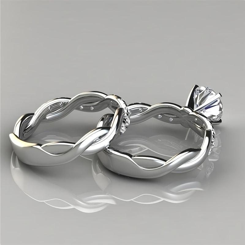 2pcs 18K Plated Golden Twist Round Cut Zircon Finger Ring Set