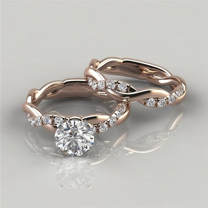 2pcs 18K Plated Golden Twist Round Cut Zircon Finger Ring Set