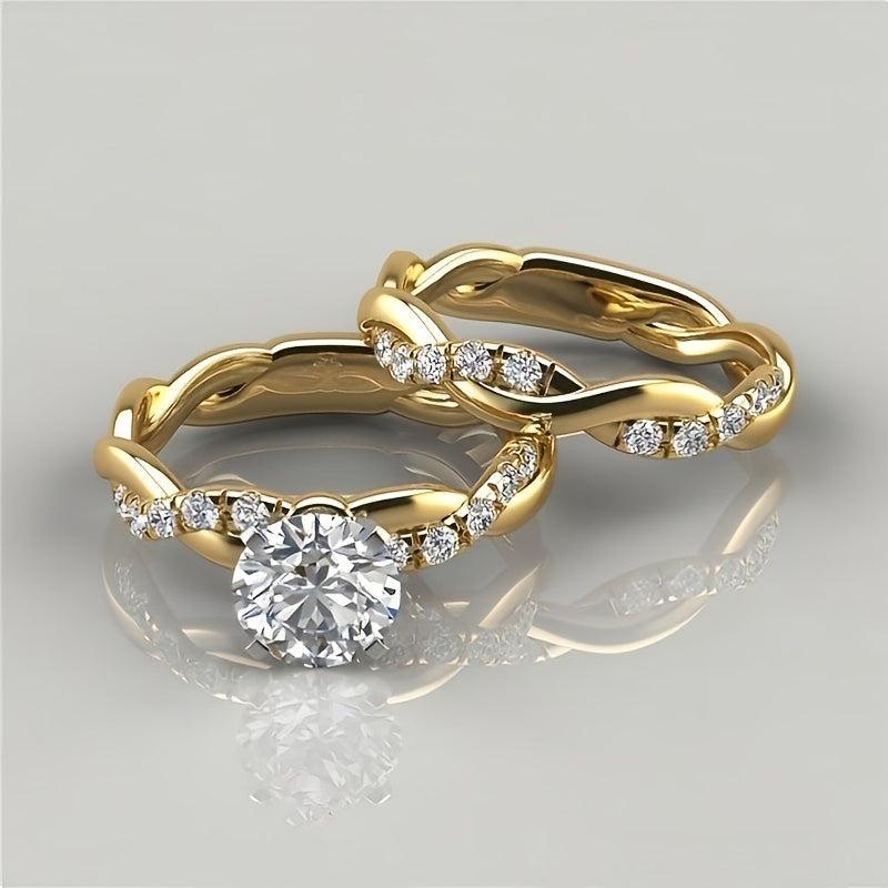 2pcs 18K Plated Golden Twist Round Cut Zircon Finger Ring Set