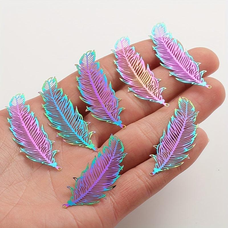 10pcs Rainbow Stainless Steel Feather Hollow Pendant Charms for Jewelry Making