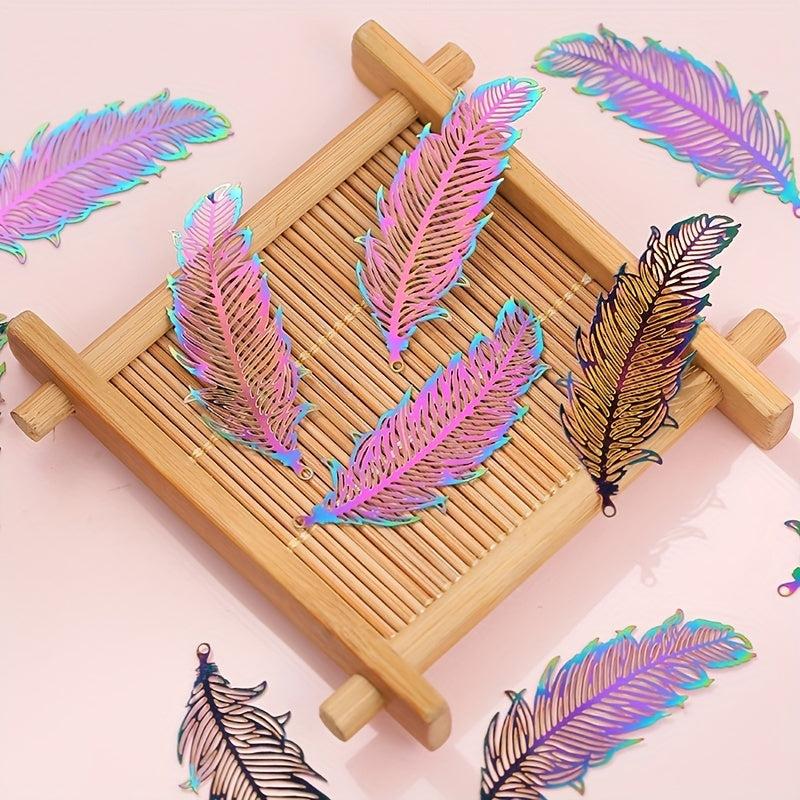 10pcs Rainbow Stainless Steel Feather Hollow Pendant Charms for Jewelry Making