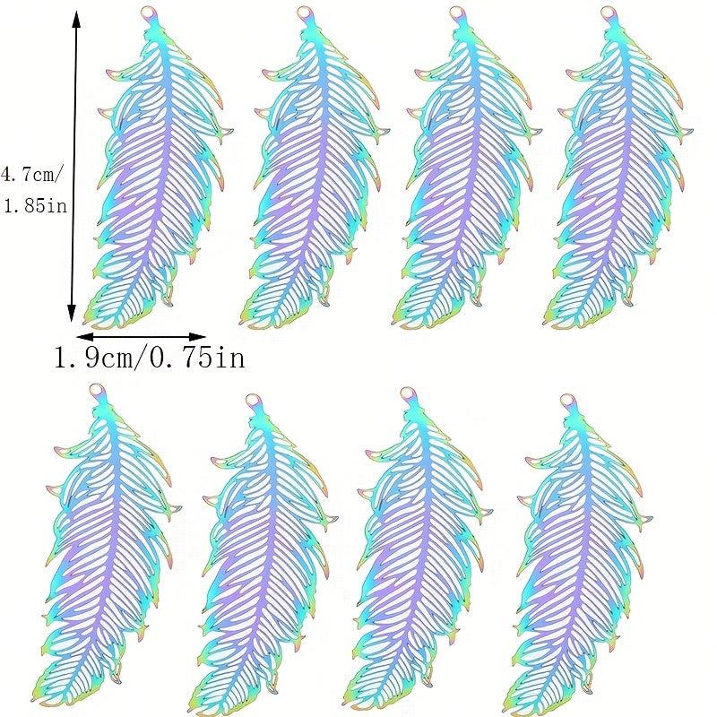 10pcs Rainbow Stainless Steel Feather Hollow Pendant Charms for Jewelry Making