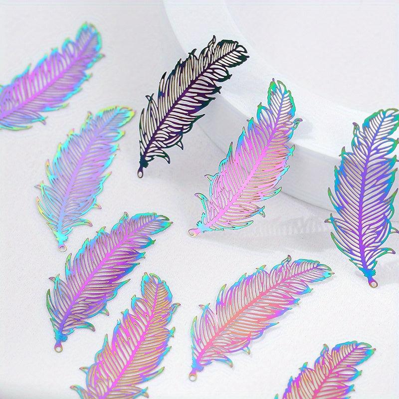 10pcs Rainbow Stainless Steel Feather Hollow Pendant Charms for Jewelry Making