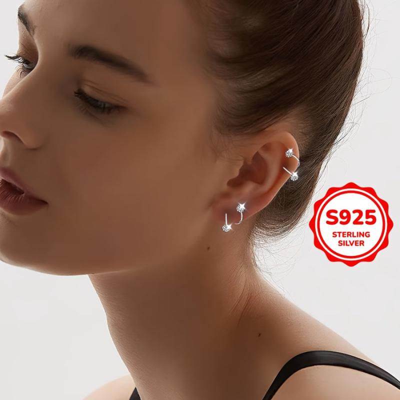 925 Sterling Silver Zirconia Stud Earrings Hypoallergenic Screw Back Double Ball