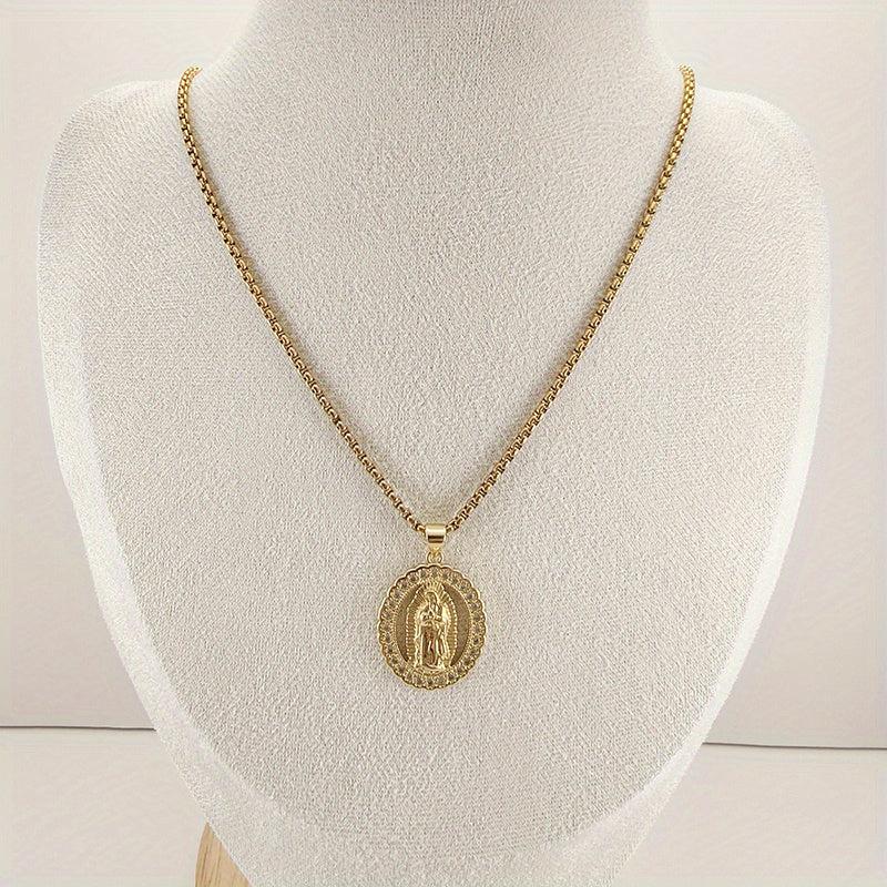 Vintage Virgin Mary Pattern Pendant Oval Necklace