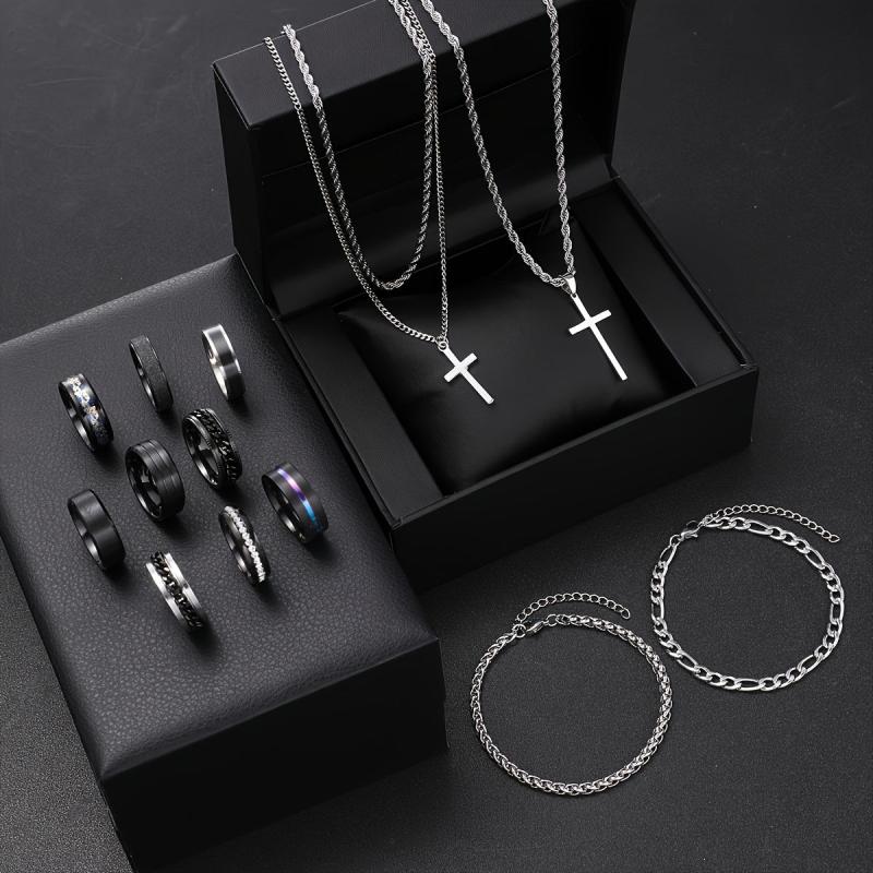14 pcs Stainless Steel Men's Jewelry Set with Rhinestones for Everyday Wear