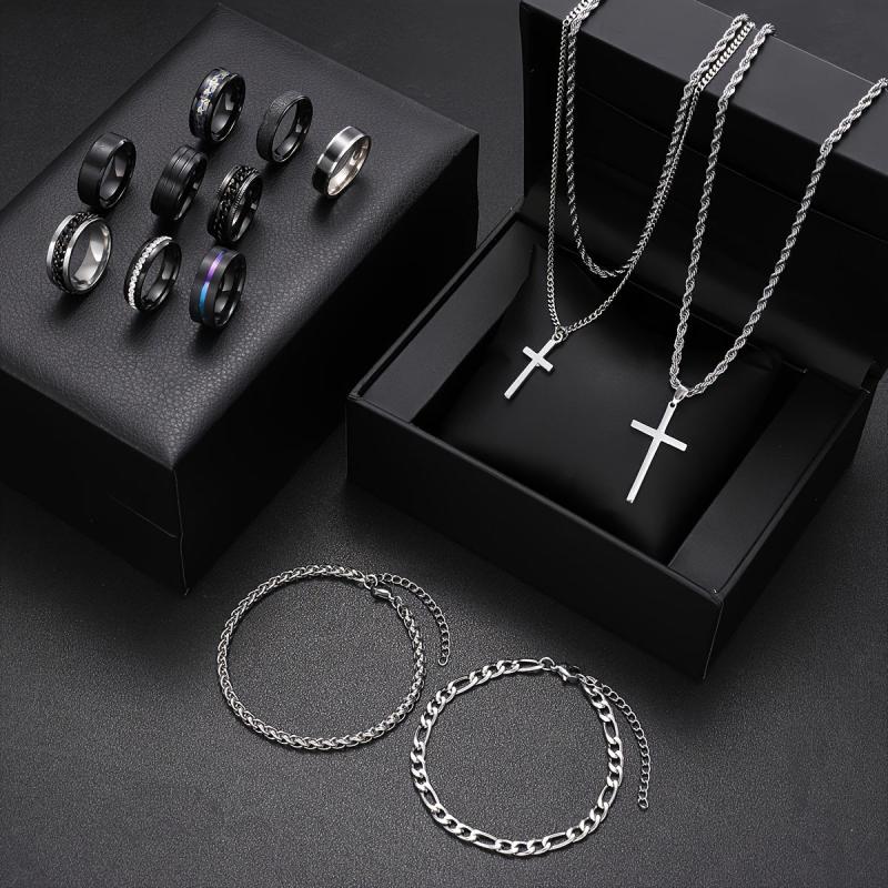 14 pcs Stainless Steel Men's Jewelry Set with Rhinestones for Everyday Wear