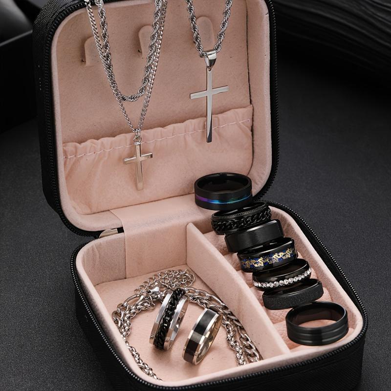 14 pcs Stainless Steel Men's Jewelry Set with Rhinestones for Everyday Wear