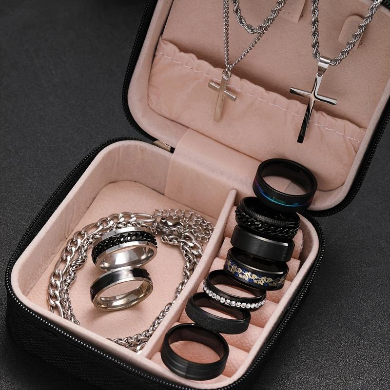 14 pcs Stainless Steel Men's Jewelry Set with Rhinestones for Everyday Wear