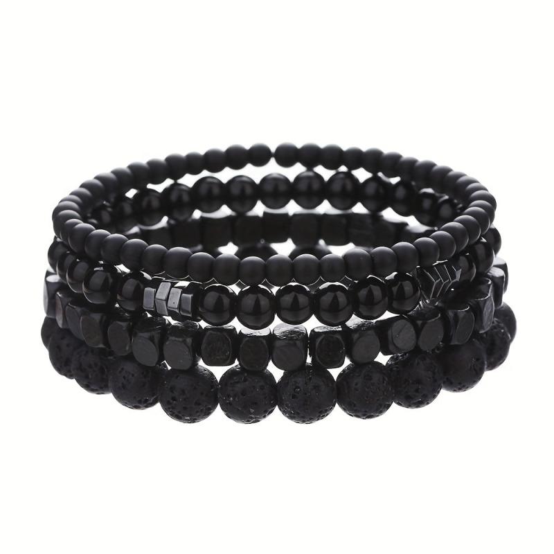 4pcs Men's Bracelet Set Hematite & Mountain Stone Beads Layer Stretch Wristband
