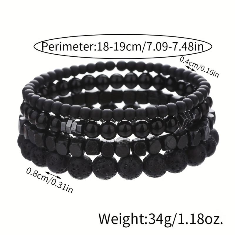 4pcs Men's Bracelet Set Hematite & Mountain Stone Beads Layer Stretch Wristband