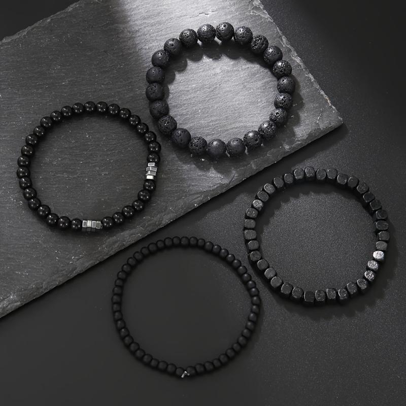 4pcs Men's Bracelet Set Hematite & Mountain Stone Beads Layer Stretch Wristband