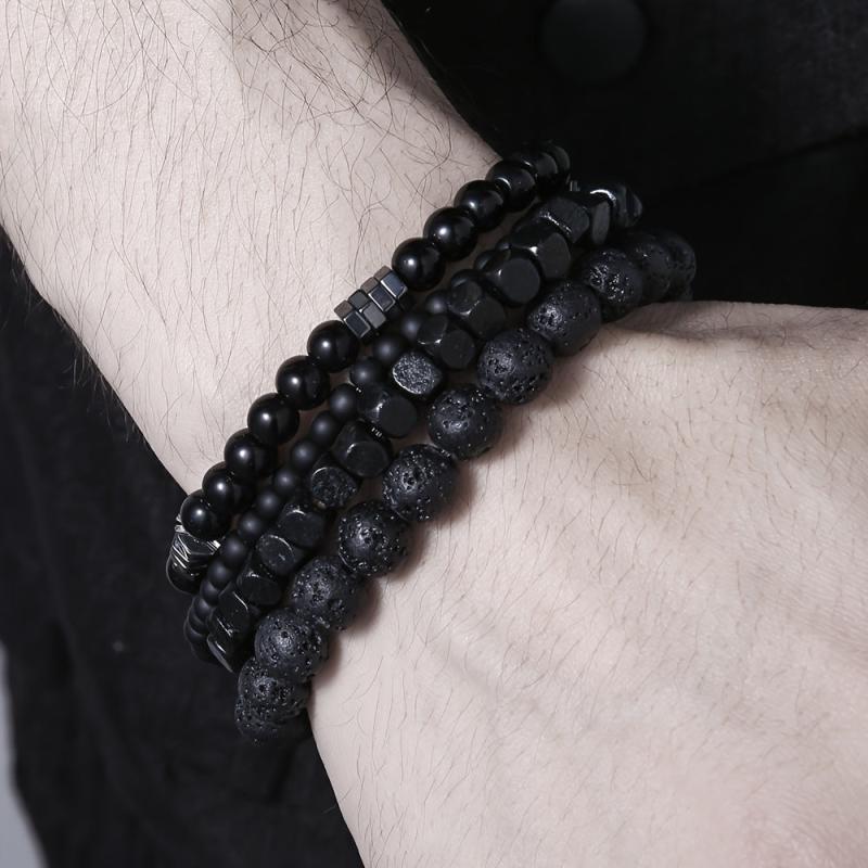 4pcs Men's Bracelet Set Hematite & Mountain Stone Beads Layer Stretch Wristband