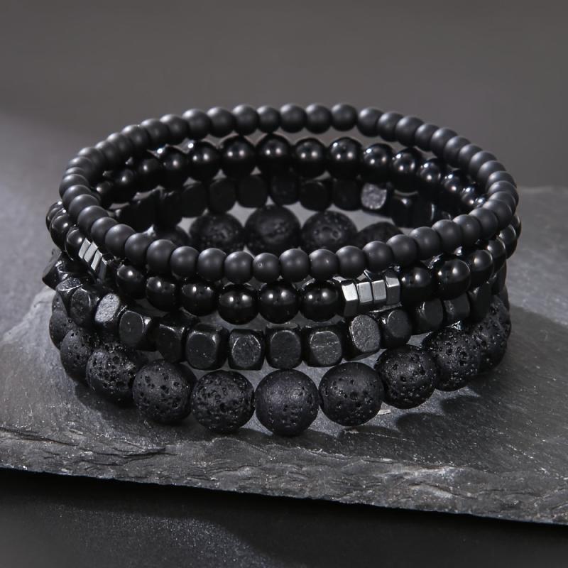 4pcs Men's Bracelet Set Hematite & Mountain Stone Beads Layer Stretch Wristband