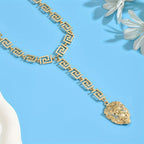 Women's Bold Lion Head Pendant Necklace Geometric Greek Key Golden Tone Jewelry