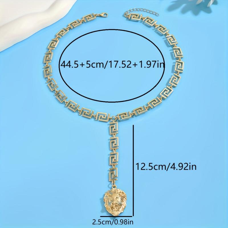 Women's Bold Lion Head Pendant Necklace Geometric Greek Key Golden Tone Jewelry