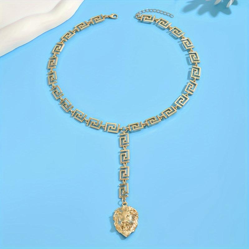 Women's Bold Lion Head Pendant Necklace Geometric Greek Key Golden Tone Jewelry
