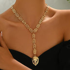Women's Bold Lion Head Pendant Necklace Geometric Greek Key Golden Tone Jewelry