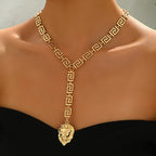 Women's Bold Lion Head Pendant Necklace Geometric Greek Key Golden Tone Jewelry