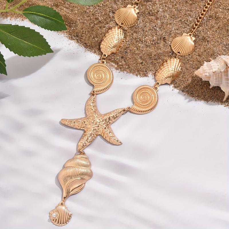 Summer Ocean Vacation Style Women's Y Necklace Bohemian Starfish Shell Pendant