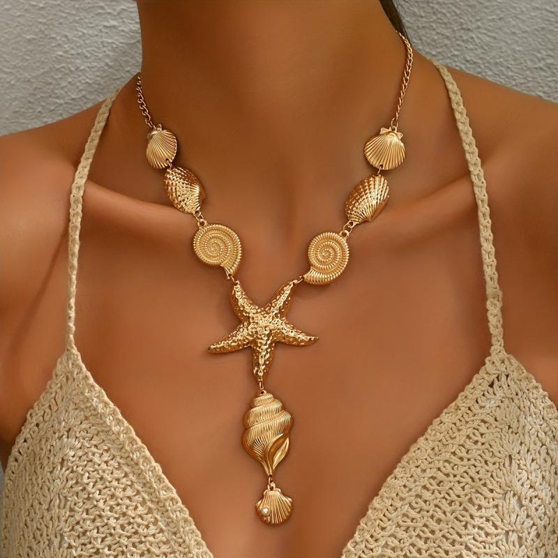 Summer Ocean Vacation Style Women's Y Necklace Bohemian Starfish Shell Pendant