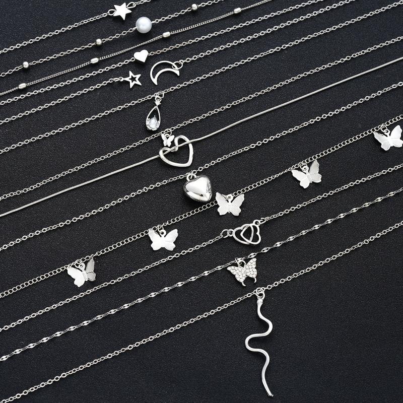 12-Piece Heart Butterfly Star Moon Snake Water Drill Pendant Necklace Set