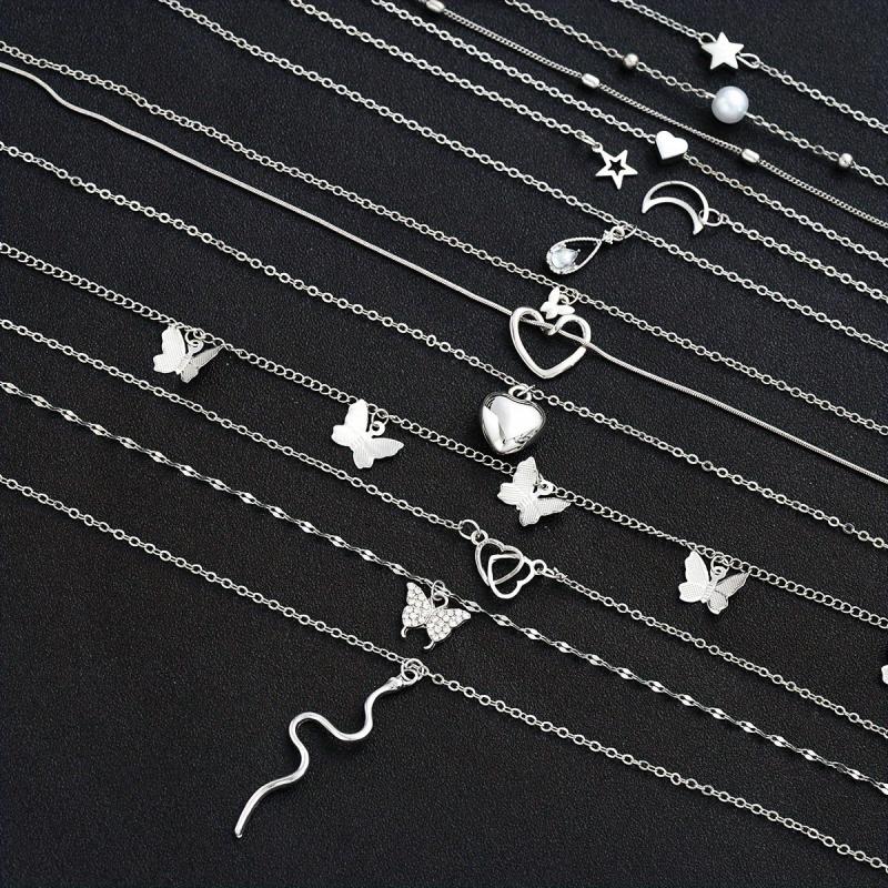 12-Piece Heart Butterfly Star Moon Snake Water Drill Pendant Necklace Set