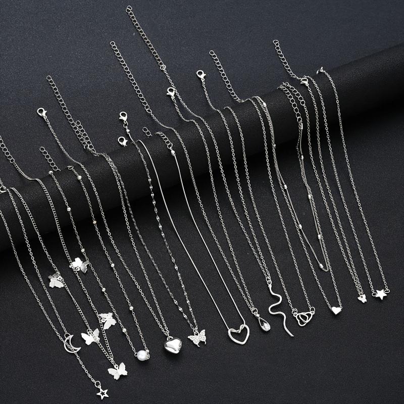 12-Piece Heart Butterfly Star Moon Snake Water Drill Pendant Necklace Set